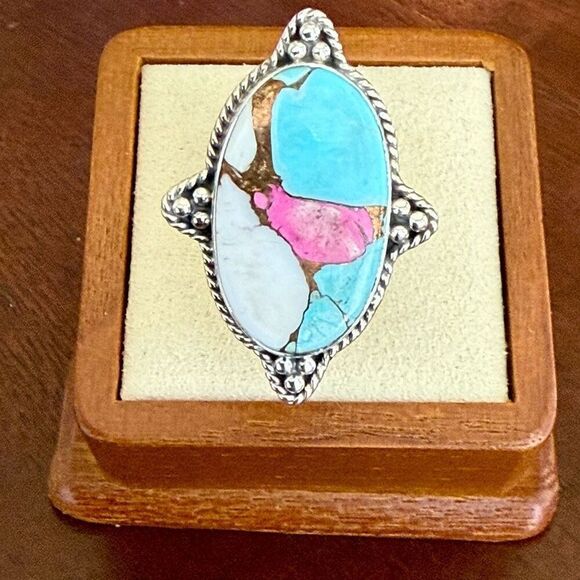Unique Cotton Candy Turquoise Rectangular Ring Sterling Silver Framed Size 8 New - Picture 1 of 7